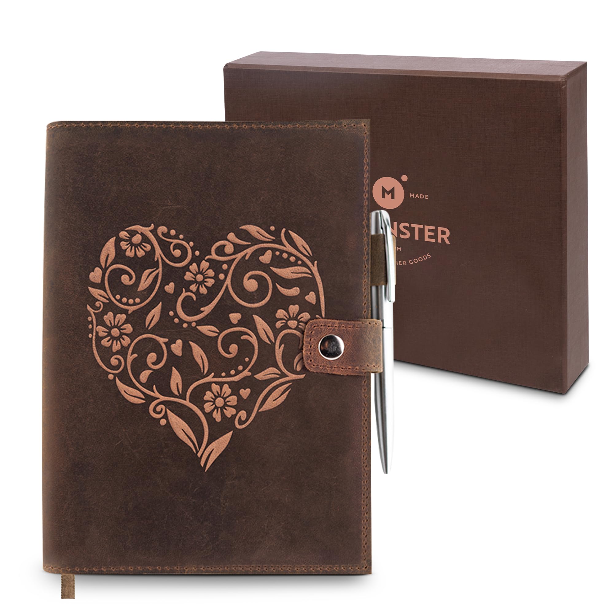 moonster Vintage Refillable Leather Journal Notebook for Journaling – Handmade Leather Bound Writing Journal with Heart Embossing, Includes A5 Lined Paper & Silver Pen – Notebook for Women & Men