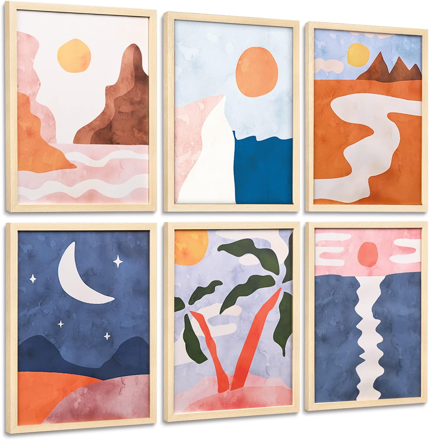 Wall Décor - ArtbyHannah 8x10 Boho Framed Wall Art Set of 6 with Mid-Century Bohemian Motifs for Home Gallery Wall Art Decor