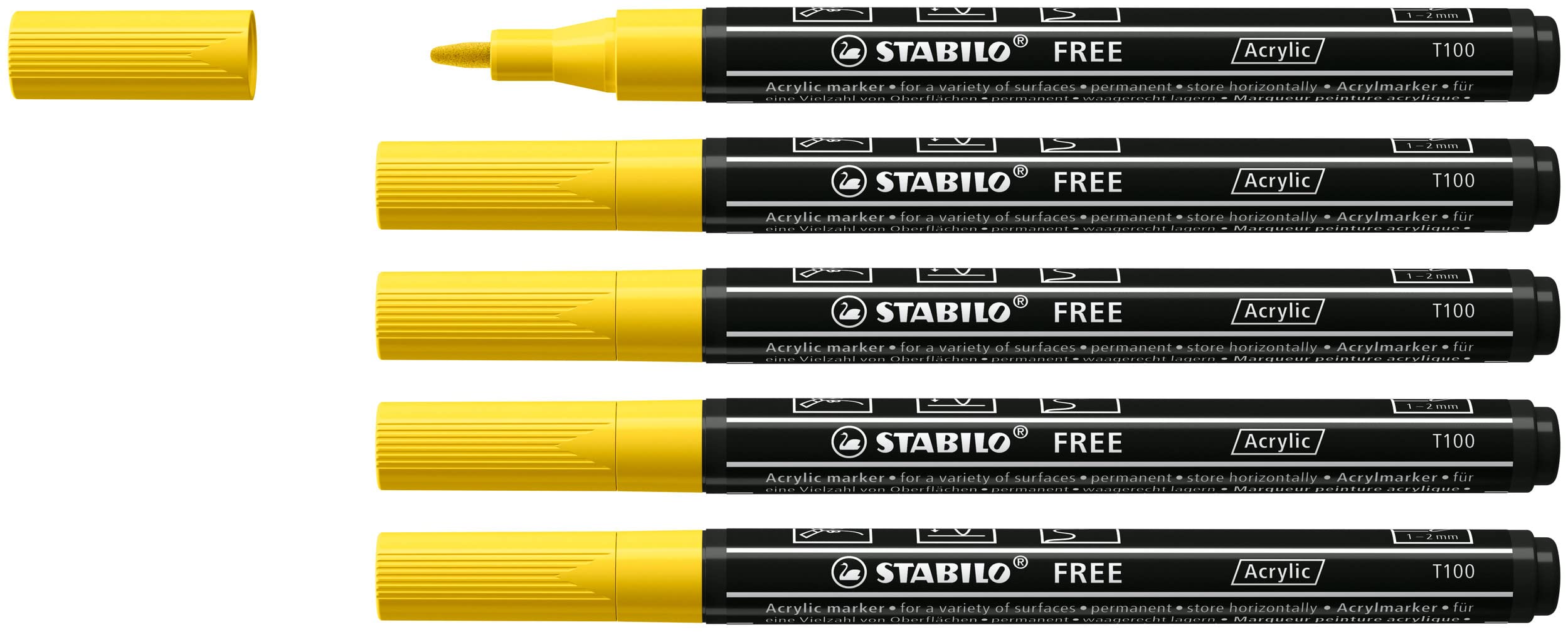 STABILO Acrylic Marker FREE Acrylic - T100 1-2 mm Bullet Tip - Box of 5 - Yellow