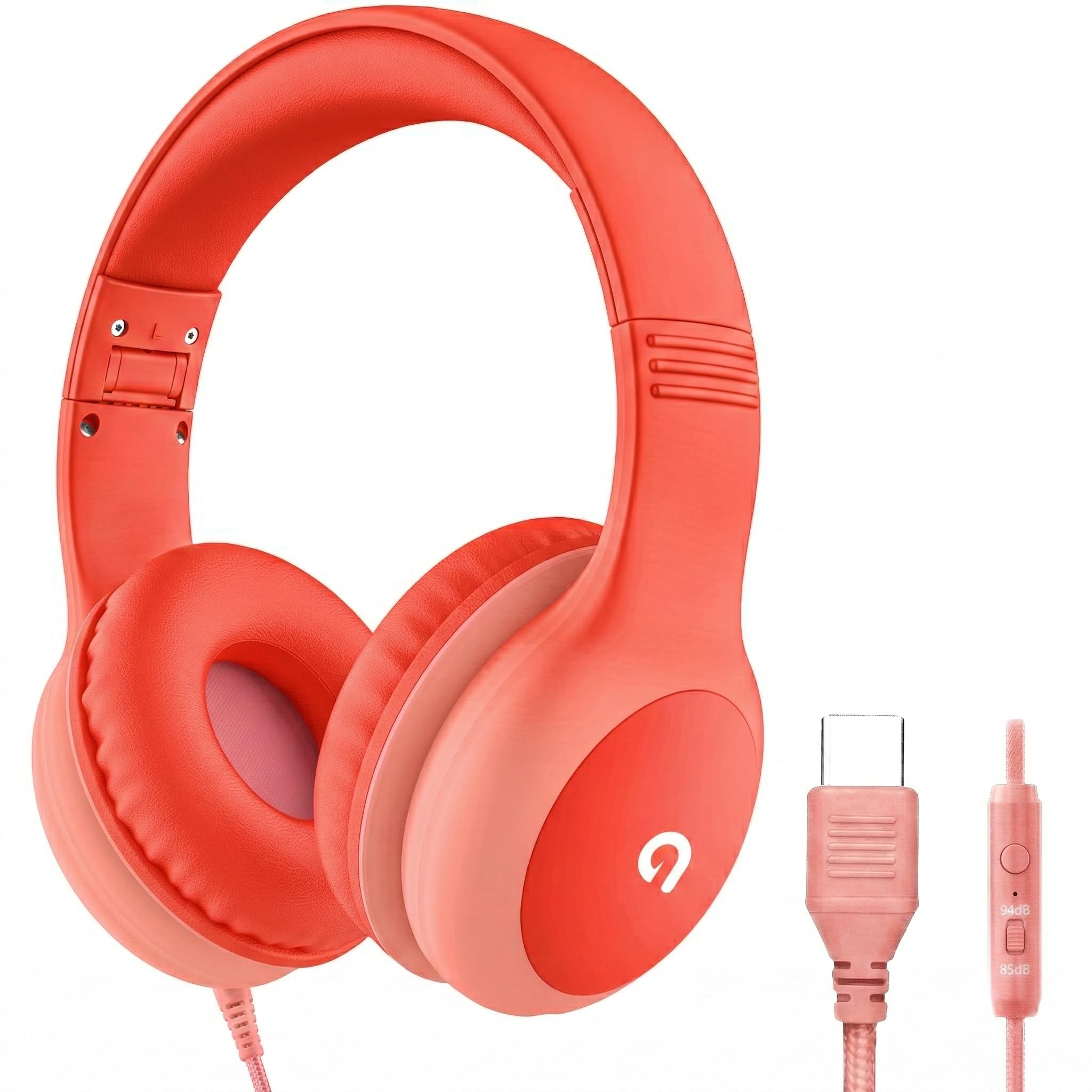 ADOOPE Wired Kids Headphones with USB C Plug, 85dB Safe Volume, Adjustable Headband, Tangle-Free Cord Headphones for School, Tablet, Travel (Coral Red & Soft Peach, with Microphone)