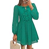ZESICA Women's Long Sleeve Mini Dress 2026 Fall Crewneck Tie Front Hollow Out Eyelet Babydoll A Line Short Dresses
