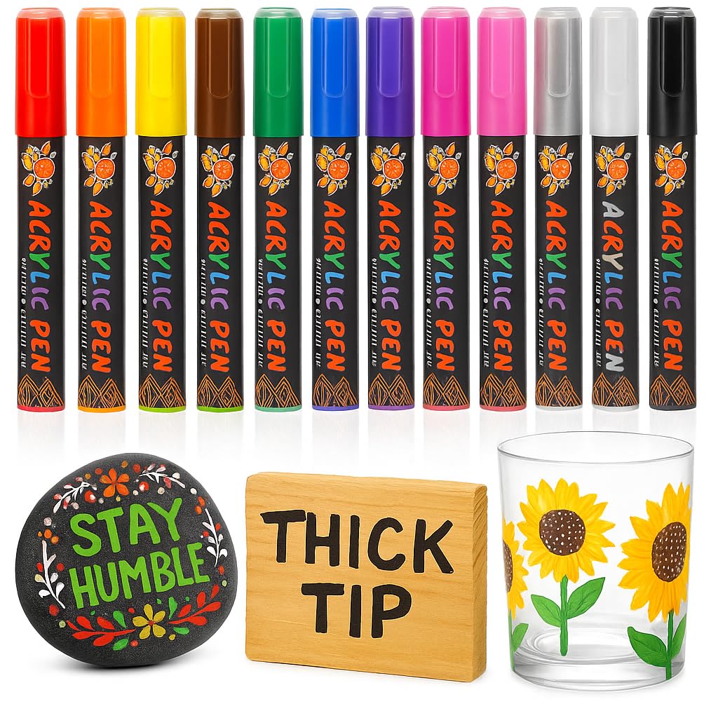 Acrylic Markers 12 Pack – Thick Paint Pens for Kids and Adults, Glass, Rock, Ceramic, Wood | 6mm Waterproof Acrylic Paint Pens for Window Art, Fabric | Kids B Crafty