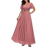 Miusol Women's Retro V-Neck Ruffle Sleeve Sequined Floral Lace Bridesmaid Party Maxi Dress