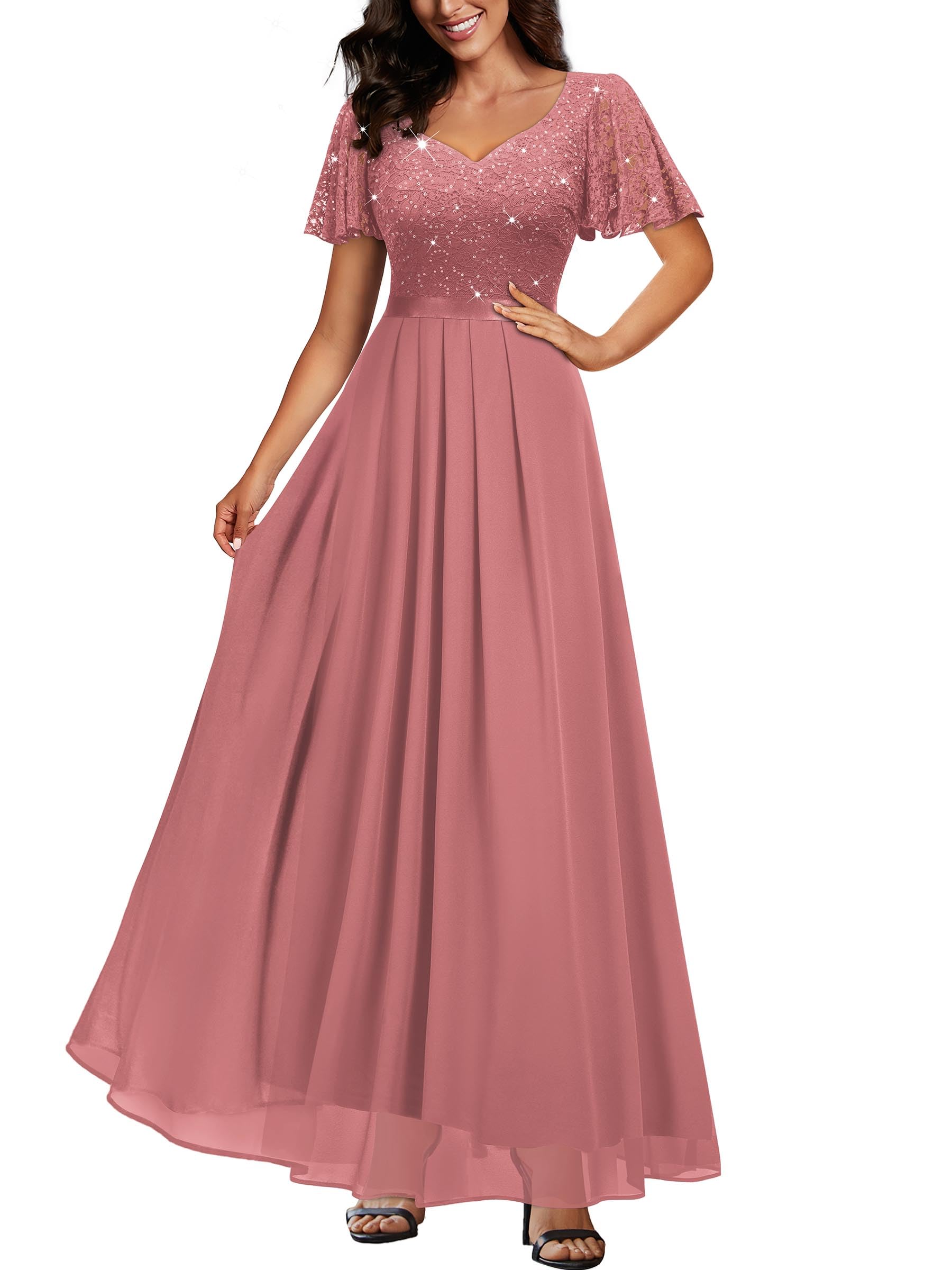 Photo 1 of Miusol Women's Retro V-Neck Ruffle Sleeve Sequined Floral Lace Bridesmaid Party Maxi Dress (X-Large, Cinnamon Pink)