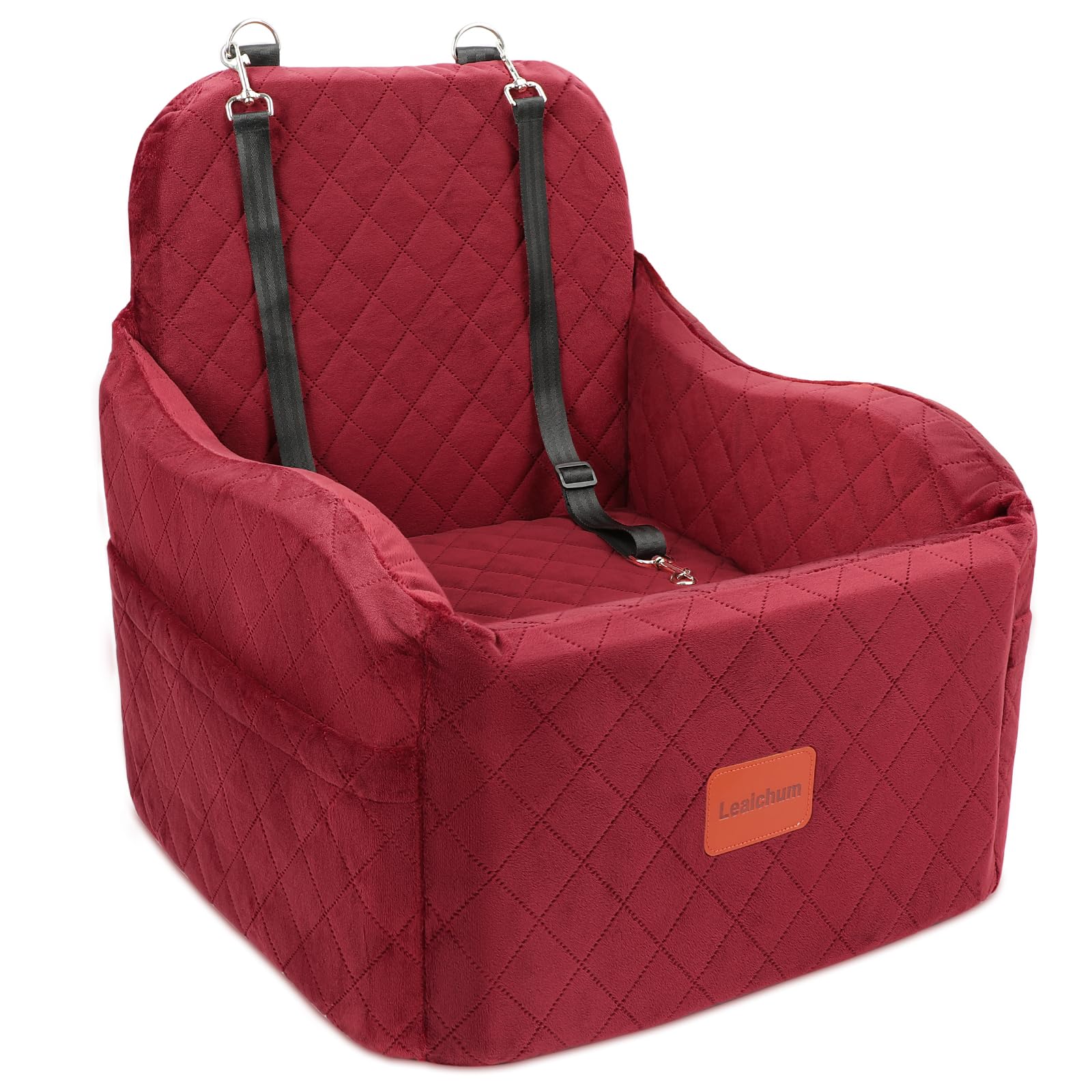 Lealchum Dog Car Seat for Small/Medium Dogs,6in Elevated Cushion,Fits in Front/Back Seat,Fully Detachable and Washable,2 Storage Pockets,Easy to Install (Red, Medium) Image