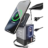 SUGOOL Retractable Charger with Wall Plug, 105W GaN 6-in-1 Charging Station with Magnetic Pad – MagSafe Compatible USB-C/Type-C Fast Charging Charger for iPhone, AirPods, MacBook