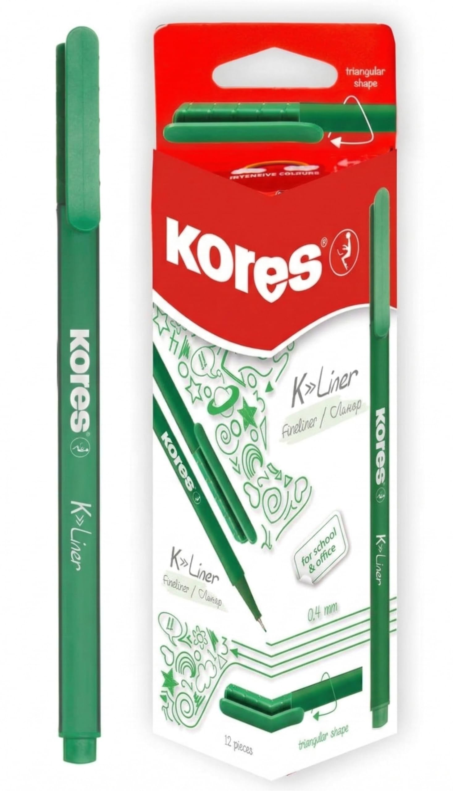 Kores - K-Liner - Green Fineliners - 0.4mm - Colouring Pens, Fineliner Marker Pens, Art Pens, Journaling Supplies, University Essentials, School Supplies - Pack of 12