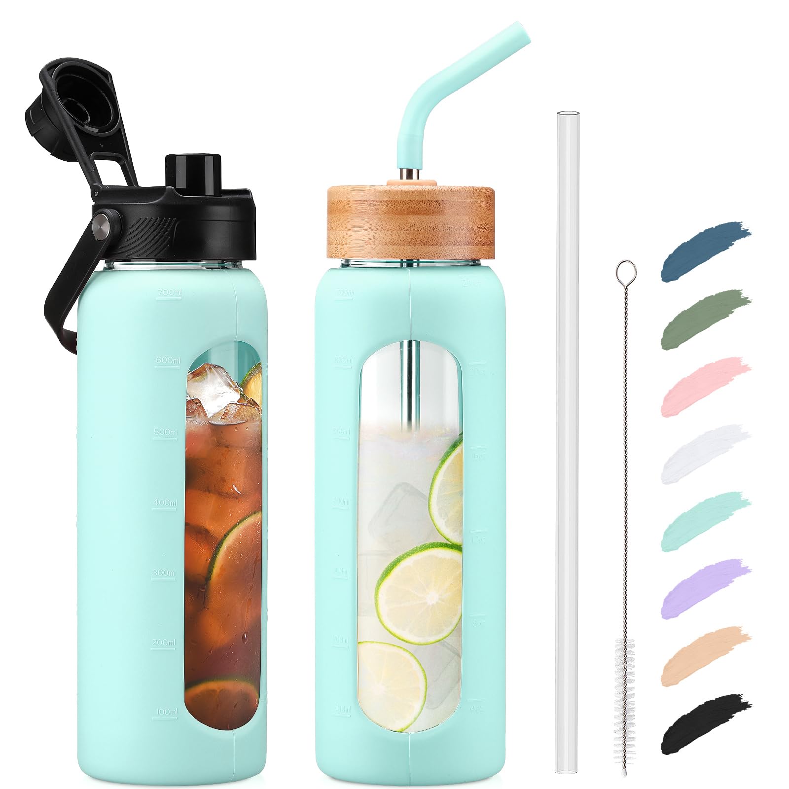Photo 1 of Kodrine 24oz Glass Water Bottle with Straw and 2 Lids-Bamboo Straw and Spout Lid with Carry Handle, Borosilicate Glass Drinking Bottle with Silicone Sleeve and Time Marker For Travel, Light Blue