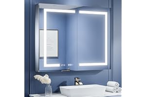 ExBrite LED Lighted Bathroom Medicine Cabinet with Mirror, 40 x 32 Inch, Recessed or Surface led Medicine Cabinet, Clock, Room Temp Display,Defog,Stepless Dimming,3-Color Temper Change, Outlets & USBs
