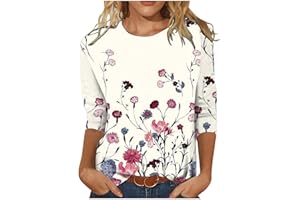 AMOBER Womens Tops 3/4 Sleeve Crewneck Cute Shirts Casual Print Trendy Tops Three Guarter Length T Shirt Summer Pullover