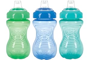 Nuby 3 Pack No Spill Toddler Sippy Cups - Toddler Cups Spill Proof with Easy and Firm Grip - Blue, Aqua, Green