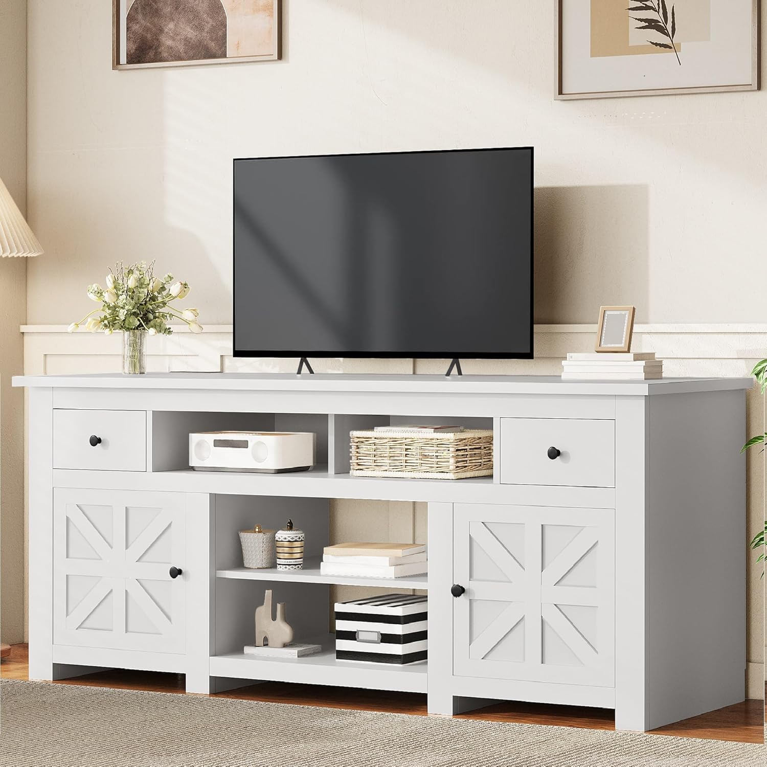 Photo 1 of YITAHOME TV Stand for 75/80 Inch TV, Entertainment Center, TV Cabinet with Drawers and Power Outlet, White TV Console for Living Room Furniture (70 Inch Lenght 30 Inch High)