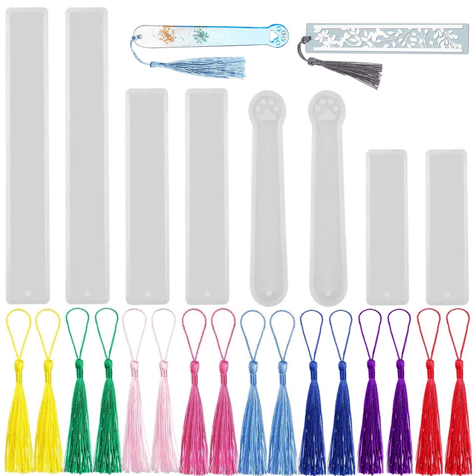 8pcs Bookmark Epoxy Resin Mould with 16pcs Colourful Tassel,Silicone Mould DIY Bookmark Mould, Rectangle Resin Casting Mould for Jewelry Decoration