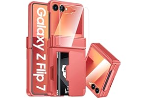 C CENMASO CENMASO for Samsung Galaxy Z Flip 7 Case with Card Holder [RFID Blocking] & Hinge Protection & HD Screen Protector, Rugged Anti-Scratch Full-Body Shockproof Phone Case for Z Flip 7-Coral Red