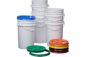Consolidated Plastics 7 Gallon Food Grade Buckets with Assorted Gamma Lids (6 Pack) BPA Free Container Storage, Durable HDPE Pails, Made in USA (White)