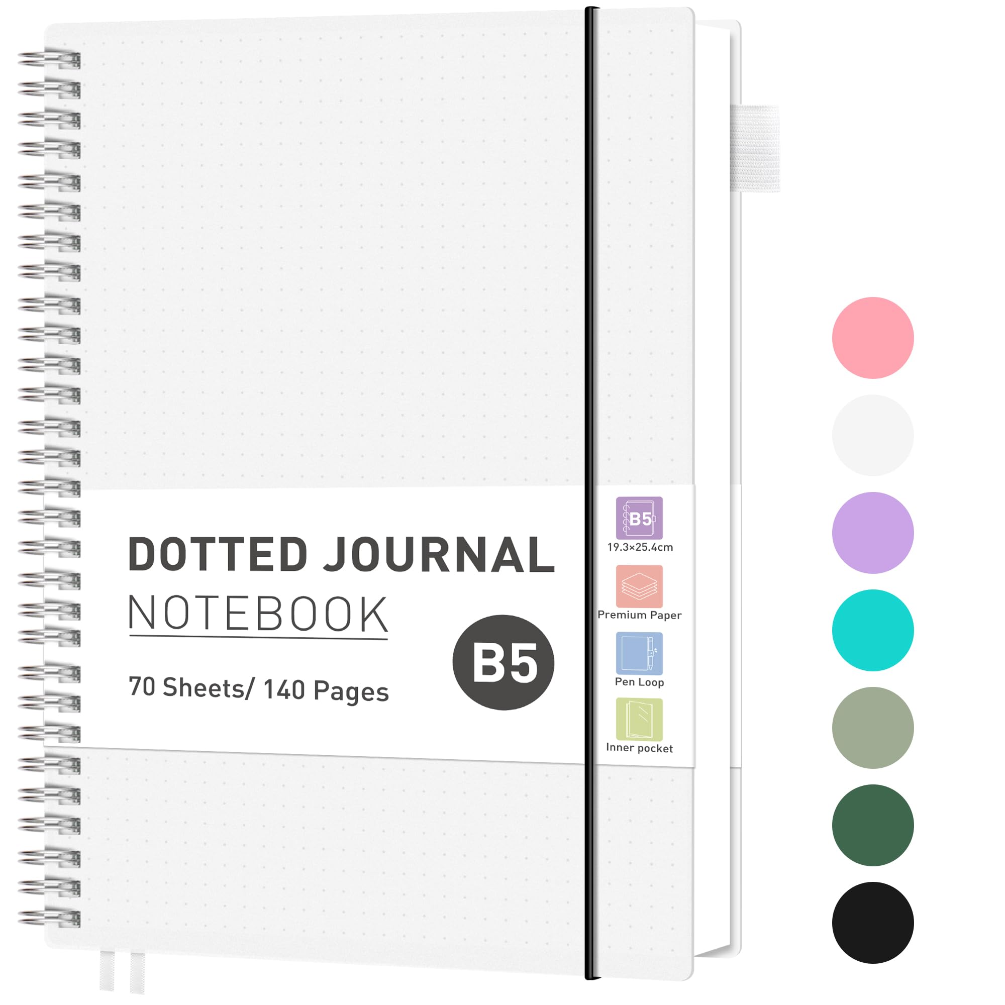 RETTACY B5 Notebook Bullet Dot Journal, Grid Dotted Notebook 140 Pages /70 Sheets for Writing,Notepad with PVC Pocket,Pen Loop,Ruler, Bookmark for Women Men Work Office School, 19 x 25 cm-Transparent