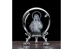 QIANCHANG 60mm Virgin Mary Crystal Ball with Stand, 3D Laser Etched Decorative Glass Balls Paperweight, Blessed Mother Catholic Prayer Gifts for Women Mom