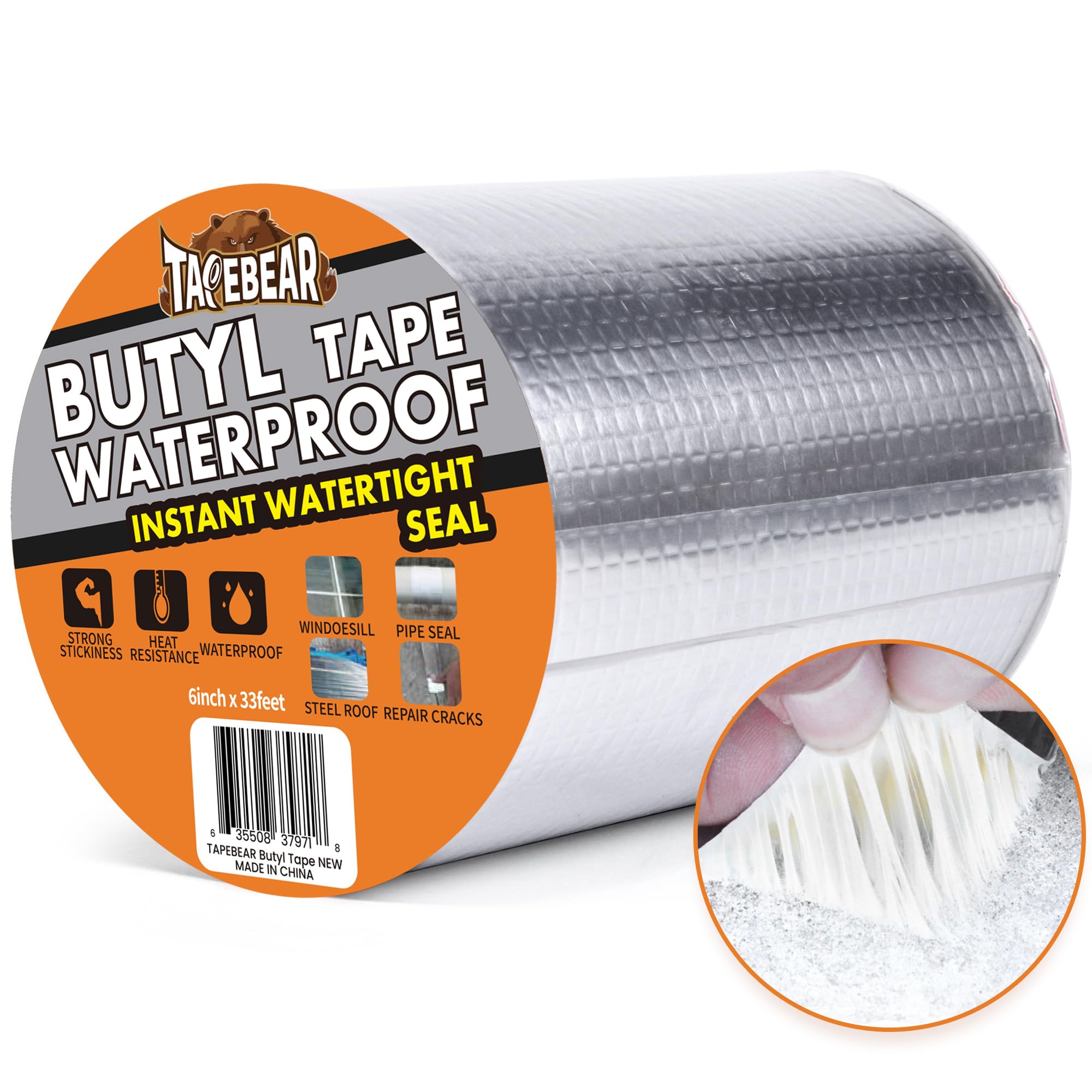 TAPEBEAR 150mm x 10m Butyl Tape Waterproof Sealant Tape, Aluminum Foil Duct Sealing Tape for RV Roof Repair, Boat and Pipe Sealing, Silicone, Glass & EDPM Roof Leak Patching, Silver