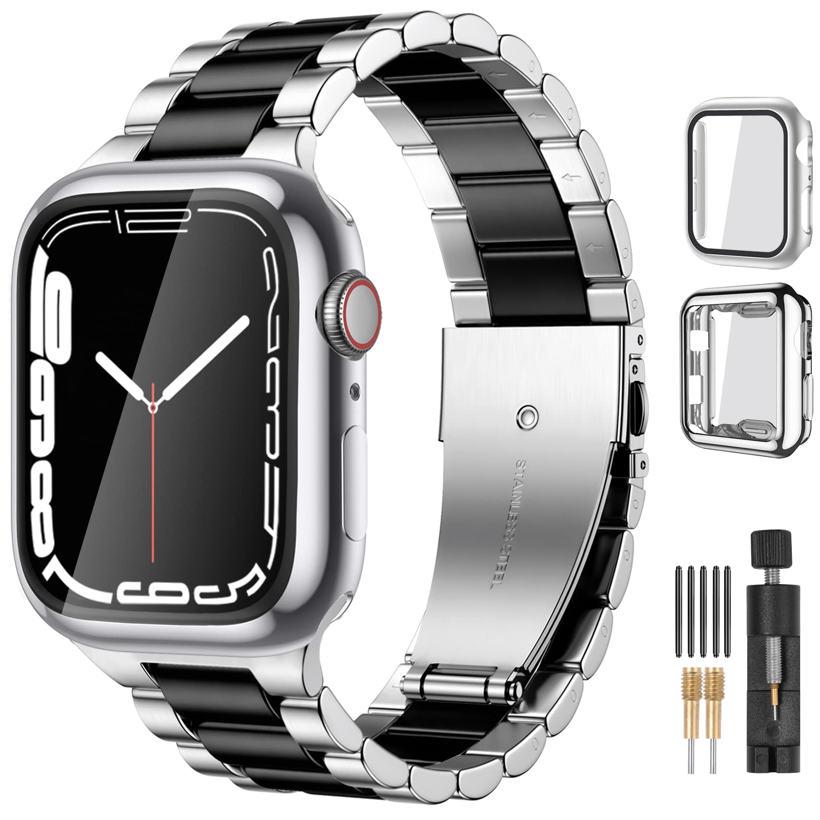Photo 1 of Lerobo Compatible for Apple Watch Band 42mm 44mm 45mm 49mm 41mm 40mm 38mm,Stainless Steel Metal Business Strap Accessories with 2 Pack Screen Protective Cases for iWatch Series 9 8 7 6 5 4 3 2 1 SE