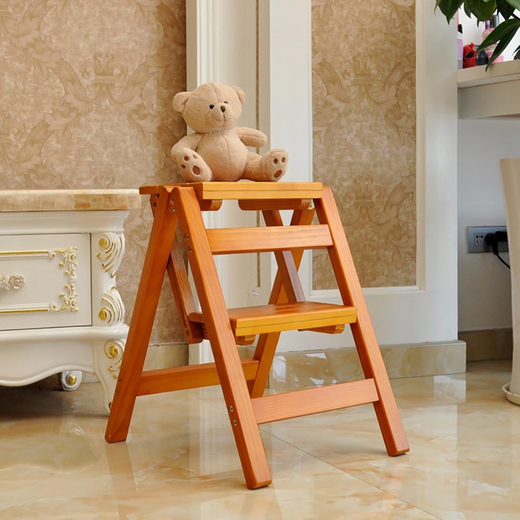 Solid wood two-story stool stool multi-storey storage ladder household folding ladder chair dual-use indoor ladder 2 ladder, 2 Colors (Color : A)