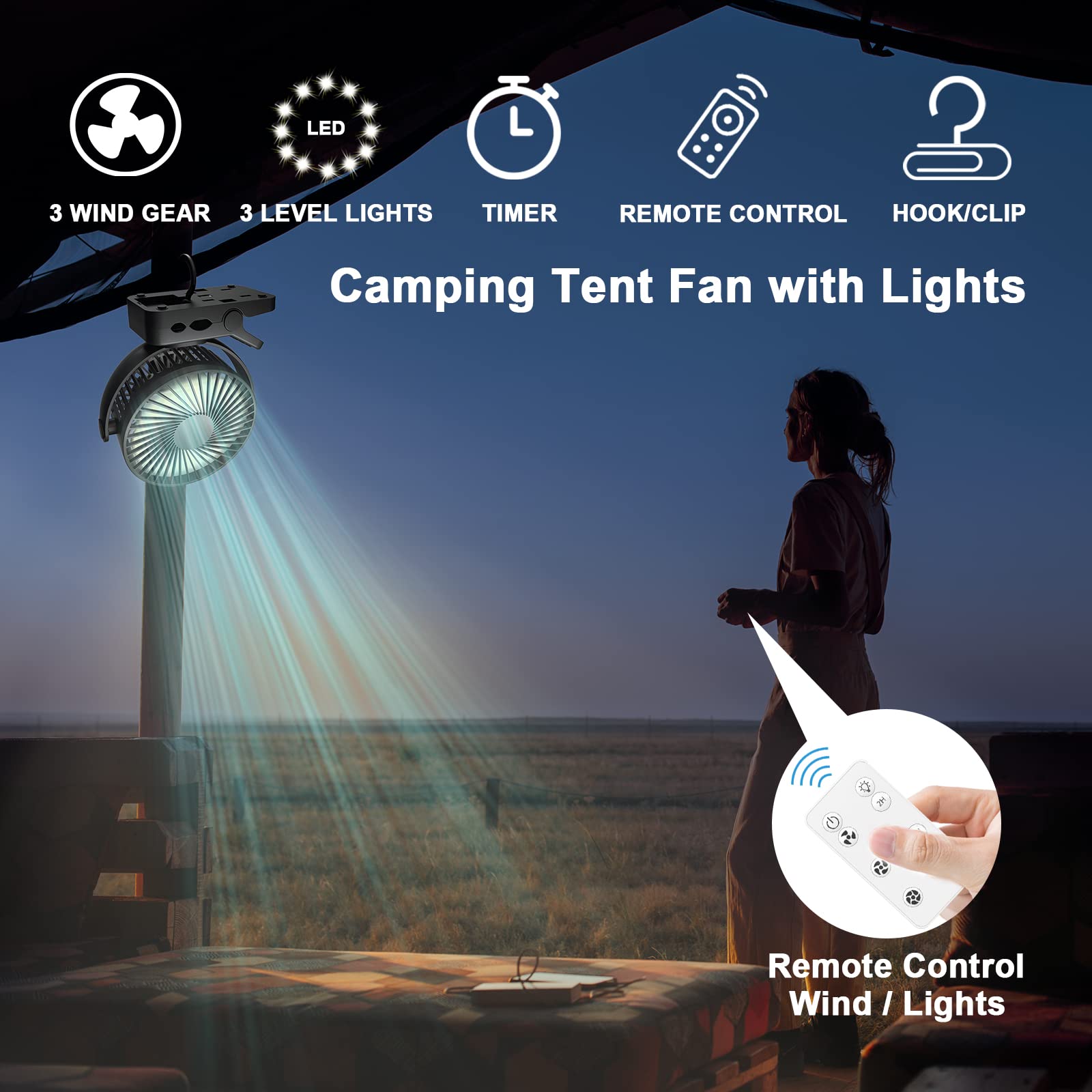 Portable Fan with Remote Control & Timer & LED Lights, 60hrs 12000mAh USB Rechargeable Battery，Clamp/Hanging/Stand Up, Small Clip on Fan for Baby Stroller, Bed, Desk, Camping Tent, Travel