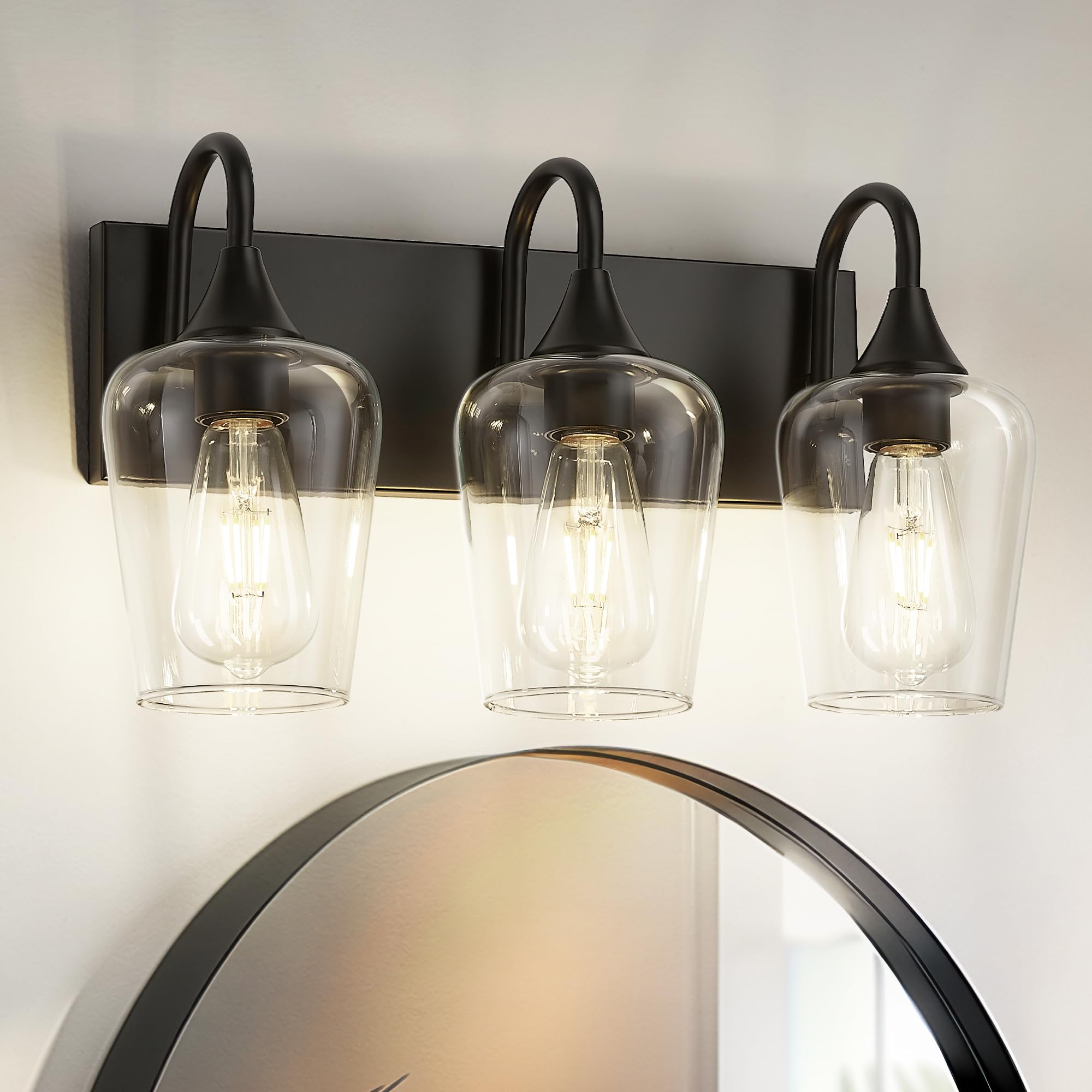 Photo 1 of AUTELO Bathroom Light Fixtures, 3-Light Vanity Lights in Matte Black Finish with Clear Wine Glass, Black Bathroom Lighting Fixtures Over Mirror, Modern Wall Sconces for Mirror Kitchen, V9350-3 BK