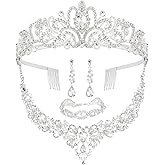 CIEHER 4/5 Pieces Women Jewelry Set - Dazzling Crown + Luxury Necklace + Elegant Bangle Bracelet + Crystal Teardrop Dangle Earrings for Bride Wedding Party