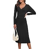 PrettyGuide Women's Wrap V Neck Sweater Dress Long Sleeve Pleated A Line Knit Midi Dresses