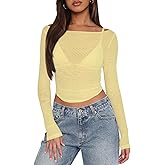 Women's Mesh Sheer Long Sleeve Top for Women Sexy Boat Neck Going Out Tops Casual Club Party See Through Tee Shirts
