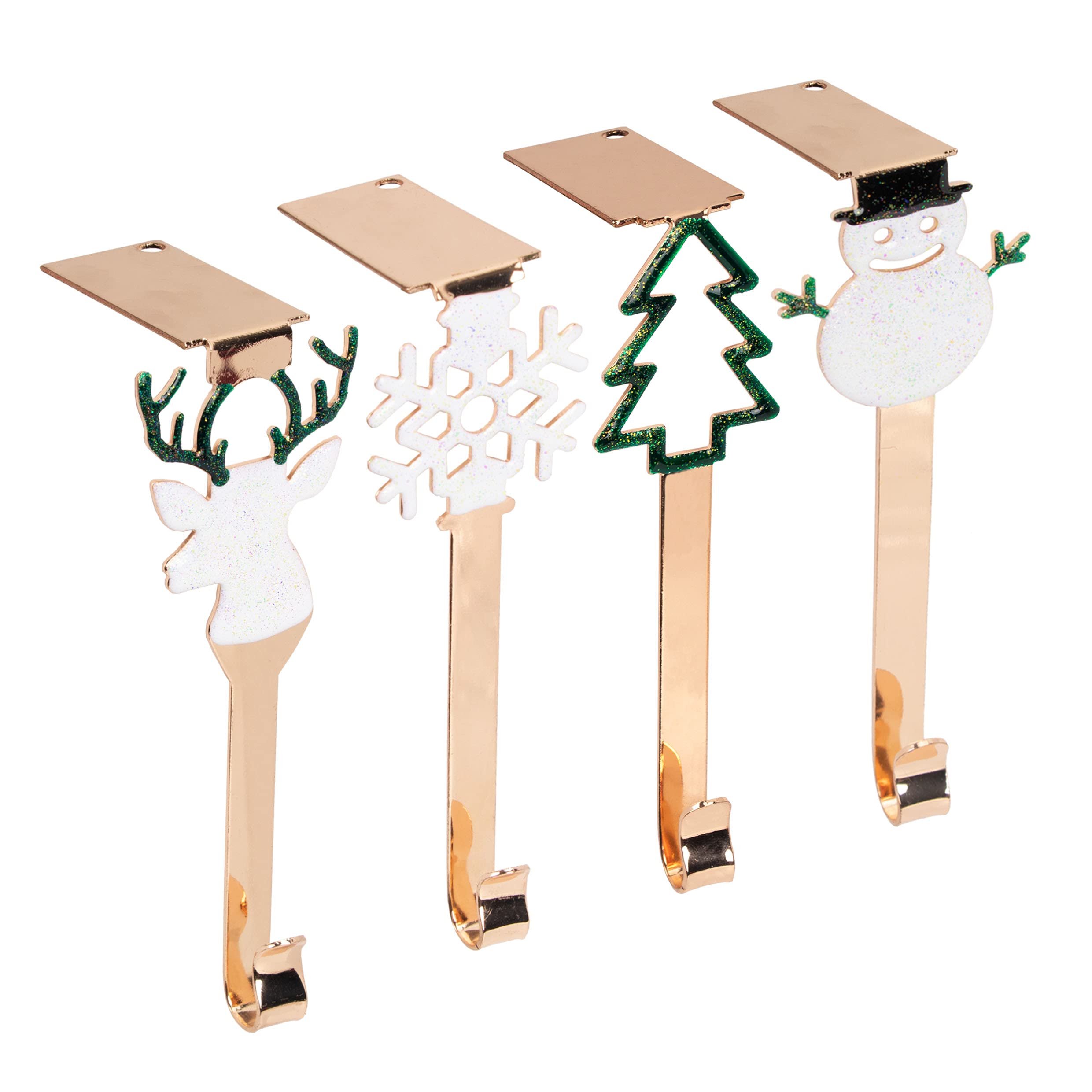 Set of 4 Metal with Epoxy Pattern Christmas Stocking Holder Hooks Xmas Fireplace Hanger Hooks with Scotch Tape Design Holiday Mantel Metal Grip for Hanging Christmas Party Decor Holiday Gold 4 Pack T