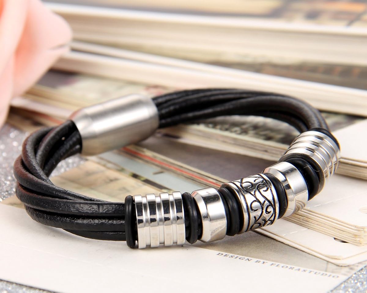 Flongo Men's Womens Tribal Leather Bangle Bracelet Stainless Steel Celtic Knot Magnetic Clasp, Black Silver, 8.07 inch - Image 4