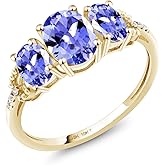 Gem Stone King 10K Yellow Gold Oval Blue Tanzanite and Diamond Accent 3-Stone Engagement Ring For Women | 1.67 Cttw | 3 Stone Wedding Engagement Anniversary Promise Ring For Women