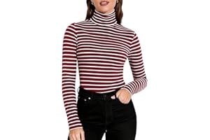 Zengjo Striped Turtleneck Women Long Sleeve Fitted High Neck Top Lightweight Soft Stretchy