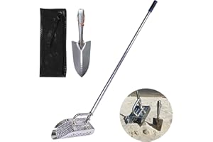 comincia Metal Detecting Sand Scoop,Stainless Steel Sand Scoop for Metal Detecting for Adults,Metal Detector Sand Scoop with Long Handle + Metal Detecting Shovel+Mesh Beach Bag for Treasure Hunting