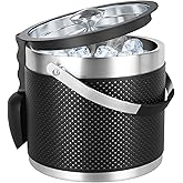 3Quart/3.2L Insulated Ice Bucket with Lid, Scoop, Leather Design Double Wall Stainless Steel Wine Bucket for Cocktail Bar, Parties (Black)