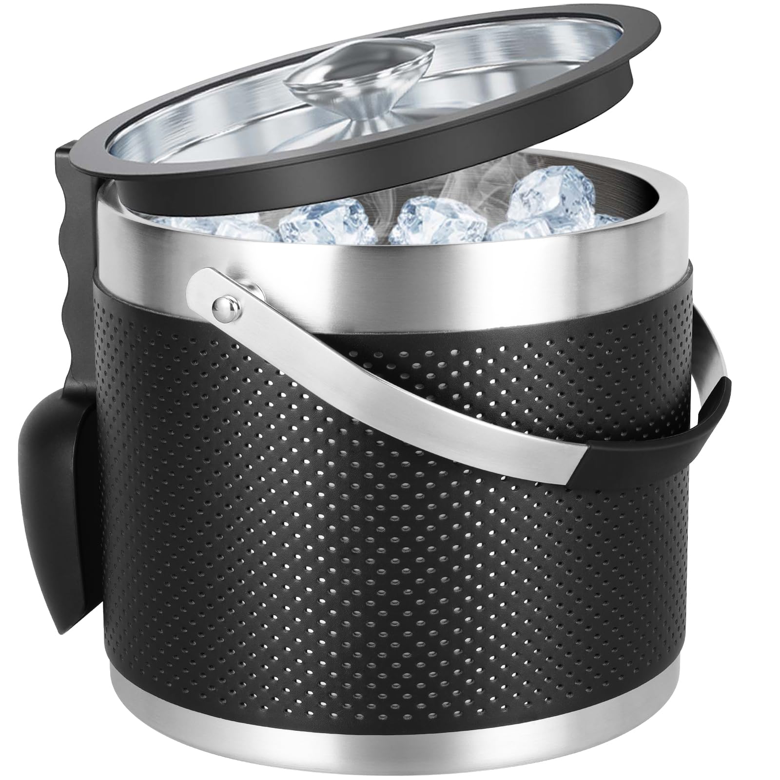 Photo 1 of 3Quart/3.2L Insulated Ice Bucket with Lid, Scoop, Leather Design Double Wall Stainless Steel Wine Bucket for Cocktail Bar, Parties (Black)