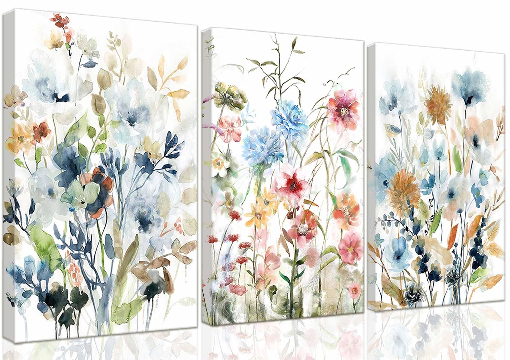 Photo 1 of 3-Pcs Framed Watercolor Daisy Flower Canvas Wall Art Colorful Plant Decor Pink Wildflower Pictures Print Farmhouse Floral Painting Wall decor for Living Room Bedroom Bathroom12x16Inch