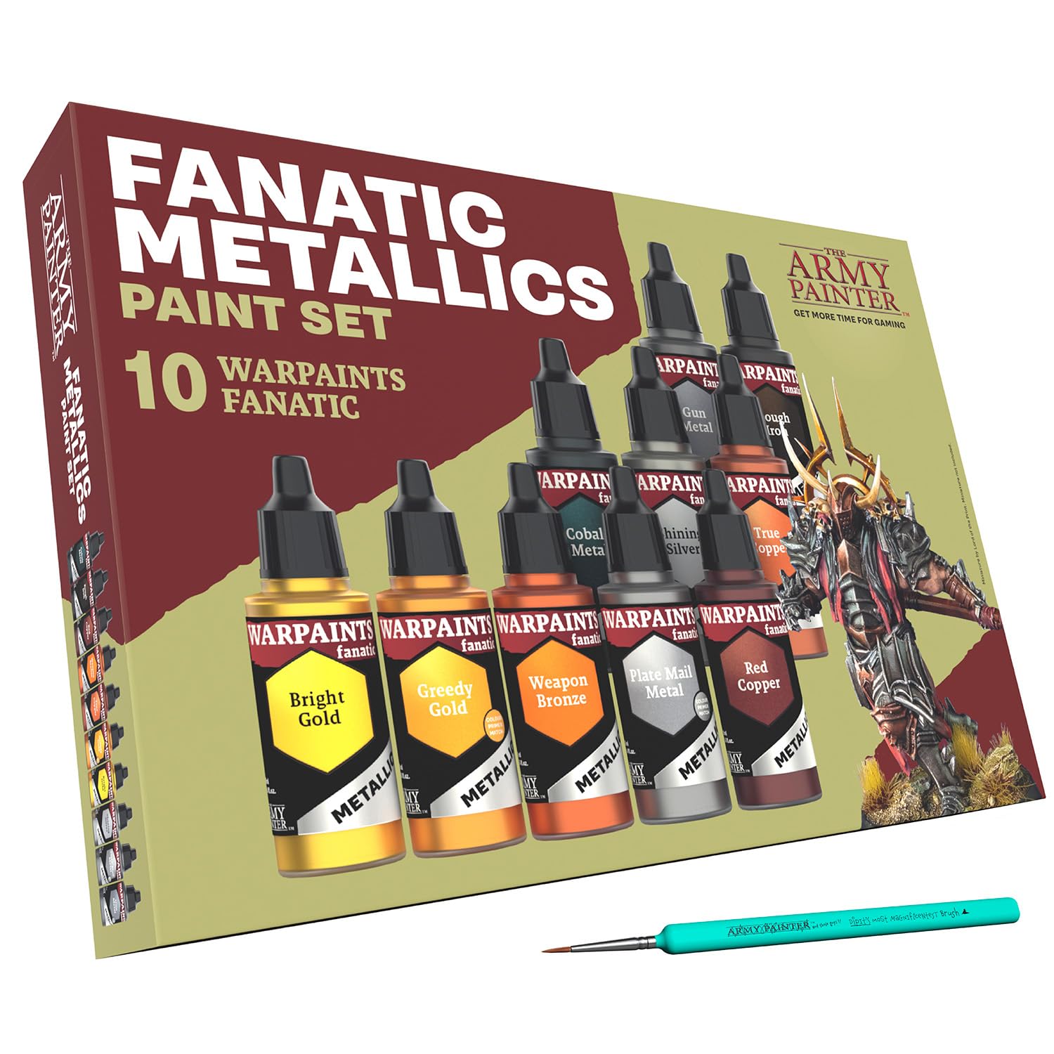 The Army Painter Warpaints Fanatic: Metallics Miniature Paint Set Combo, 10 Acrylic Metallics Paints 18ml incl. Gold, Copper, Metal, Bronze, Silver and 1 Basecoating Brush