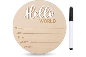 Baby Announcement Sign with Pen, 5.9 Inch Wooden Hello World Newborn Sign for Hospital, Newborn Gift for Boy & Girl, White