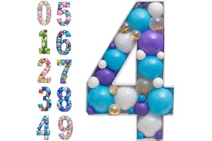 JOYBOX DESIGN Mosaic Balloon Numbers Frame Marquee Light Up Number 4 Pre-Cut Large Foam Board Sign Cut-out for Boy Girl Birthday Backdrop Anniversary Decoration