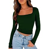 TiulZial Long Sleeve Shirt for Women - Square Neck Going Out Top Double Lined Tight T Shirts