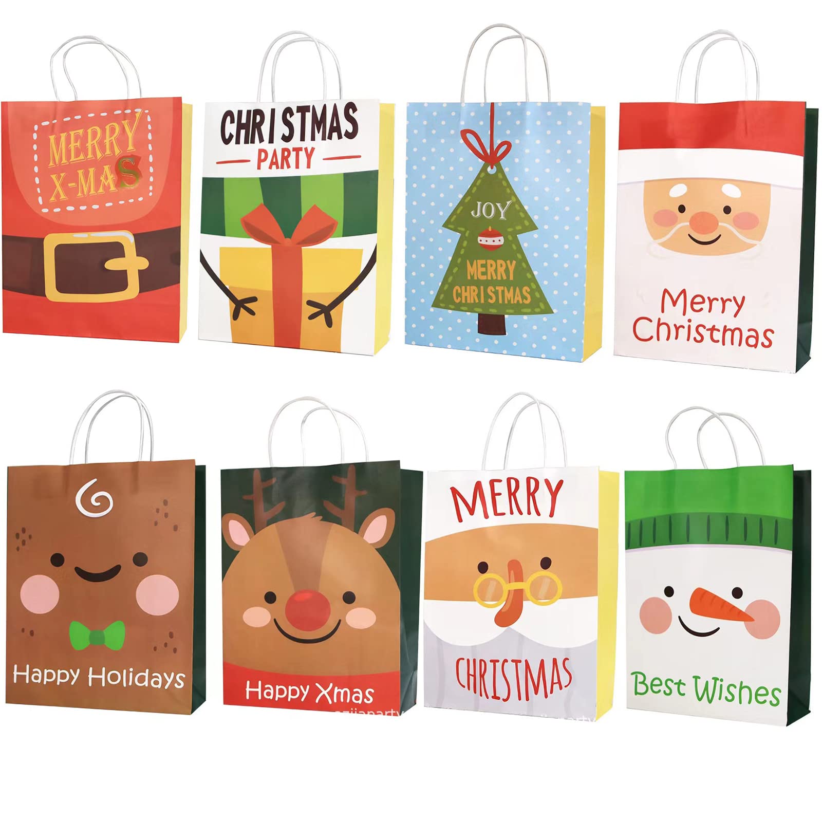 HBell 16pcs Christmas Kraft Gift Bags 8 Patterns Christmas Paper Bags with Handles,Cute Xmas Theme Design Gift Wrapping Bag,for Xmas Gift Packing,Festival Party Supplies (cartoon)