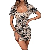 GORGLITTER Women's Floral Square Neck Bodycon Mini Dress Tropical Short Sleeve Ruched Casual Birthday Dresses 2025