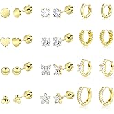 Wgoud 12 Pairs Hypoallergenic Surgical Steel Earrings for Sensitive Ears Waterproof Trendy Gold Plated Small Stud Flat Back Stainless Steel Earrings for Women Men Hoop Cartilage Earring Set for Multiple Piercing