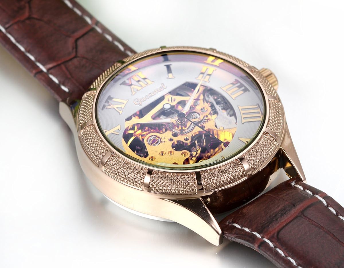 JewelryWe Classic Skeleton Mechanical Movement Wristwatch Brown Leather Business Men's Watch - Image 3