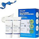 WELLAGE Real Hyaluronic Watery Glow Sunscreen Double Set SPF50 - Broad Spectrum UV Protection with 6 Types Hyaluronic Acid - No White Cast, Makeup Base - K-Beauty Face Sunscreen, 1.69 fl.oz x 2 Pack
