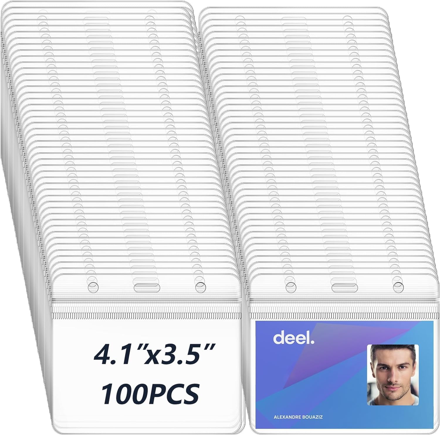 xinfedi Plastic Card Holder, 100PCS 4.13" x 3.54" Clear Horizontal ID Card Holder, Waterproof Name Badge Holder for Office Business School — image 1