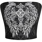 SHENHE Women's Graphic Strapless Cross Wing Print Goth Y2k Crop Tube Bandeau Tank Top