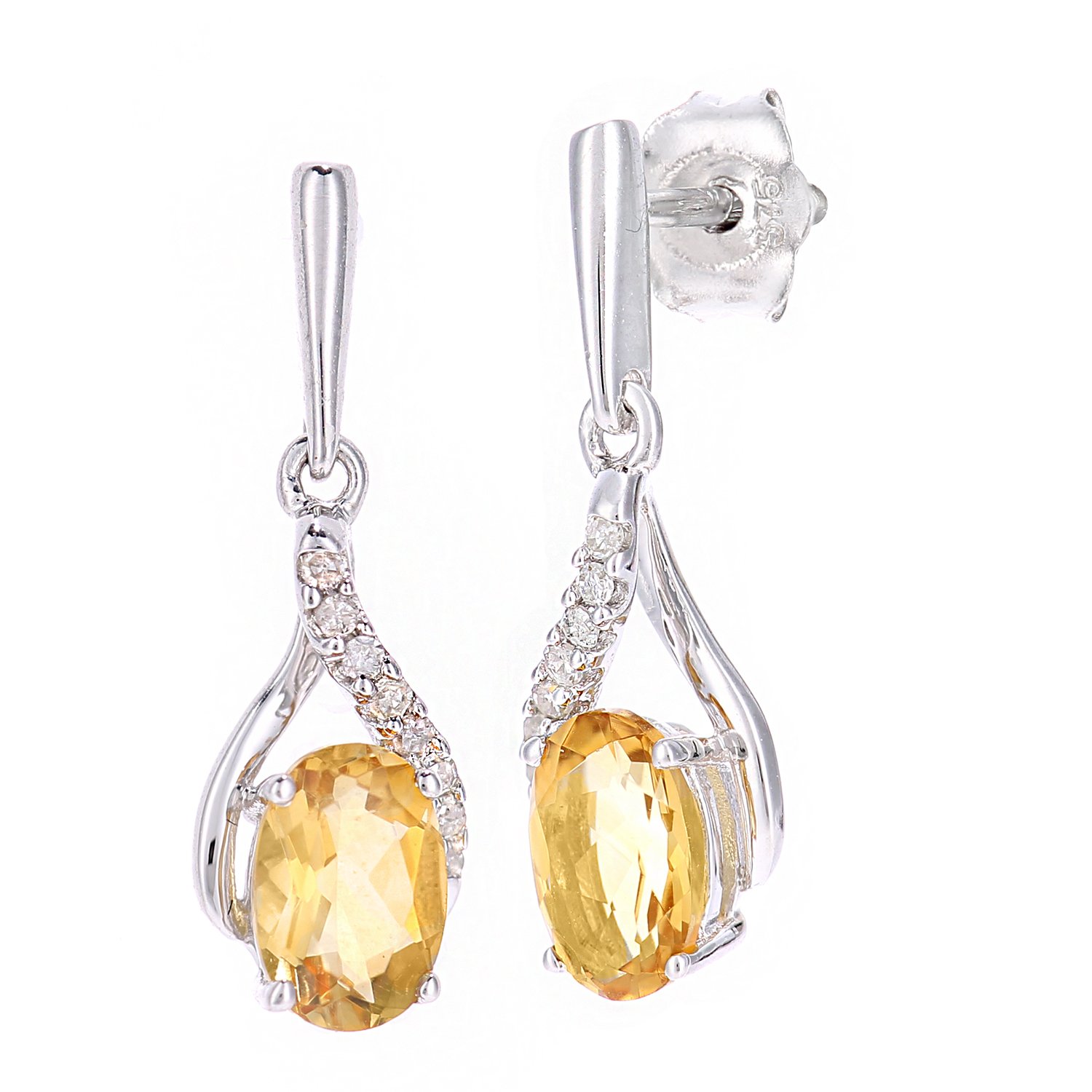 Naava 9ct White Gold Oval Citrine and Diamond Twist Drop Earrings
