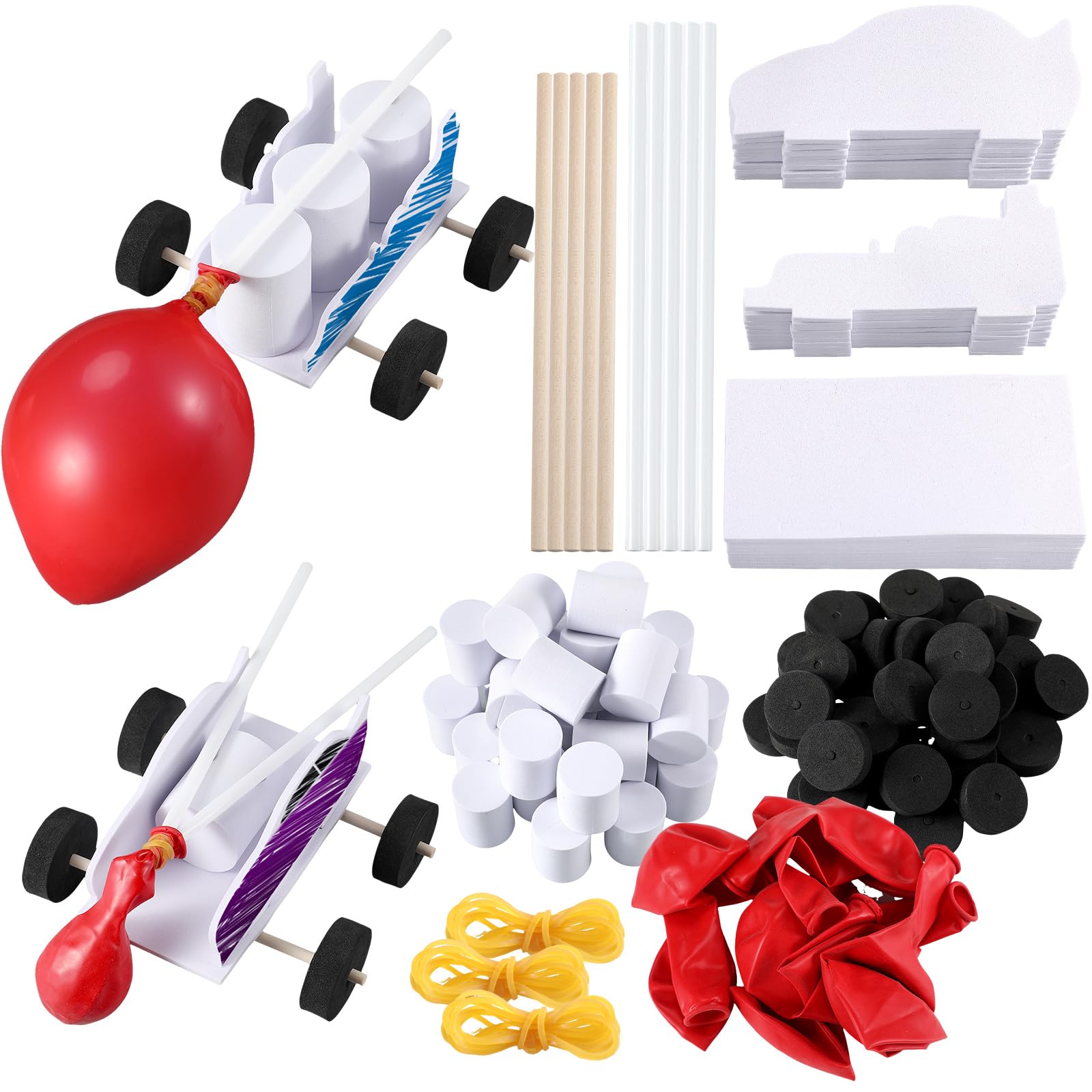 Photo 1 of 10 Sets Balloon Power Car Kits DIY Balloon Powered Recoil Car Set Stem Assembly Set for Kids Classroom Stem Educational and Science Activities